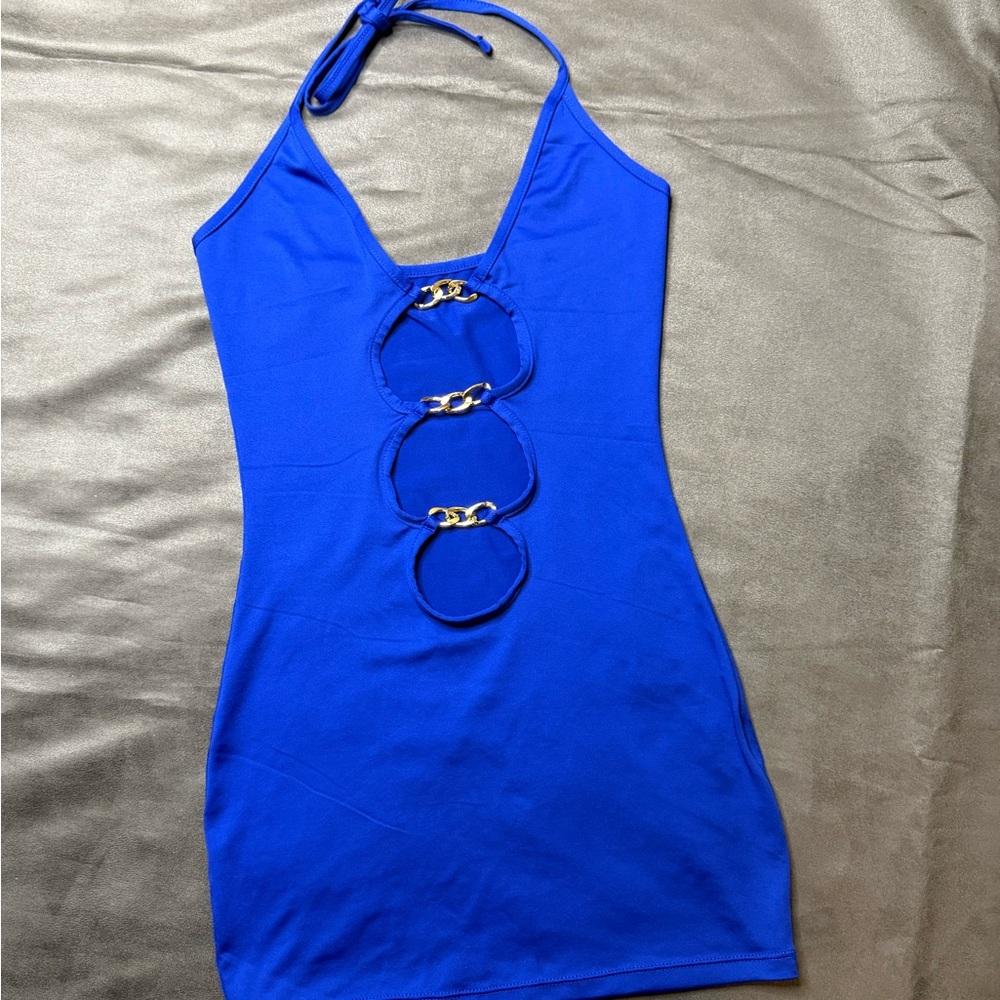 Bodycon cutout chain blue stretch mini dress xs